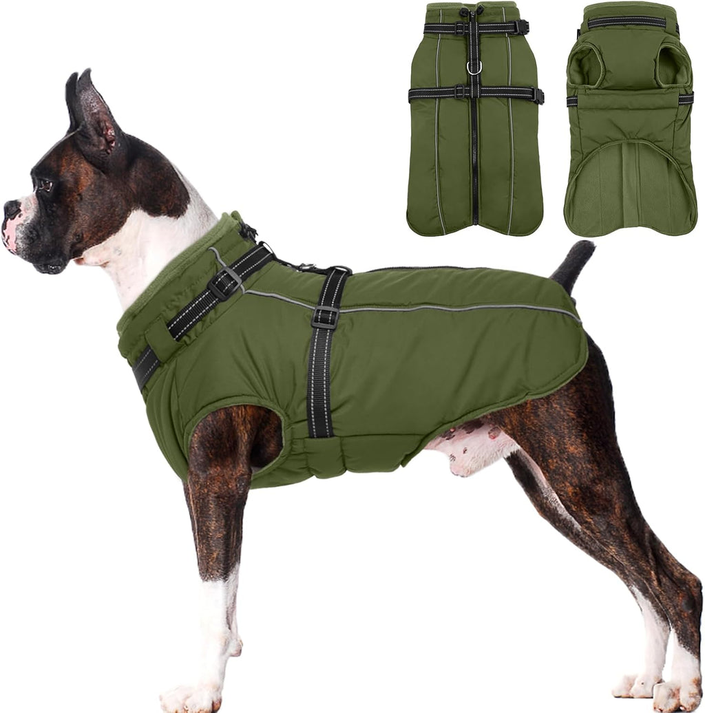 Lelepet Dog Coat for Large Dogs Waterproof Dog Jacket with Harness Built in Reflective Fleece Jacket with Zip Warm Winter Coats for Dogs Thermal Pet Snowsuit for Outdoor, Border Collie, Army Green, XL