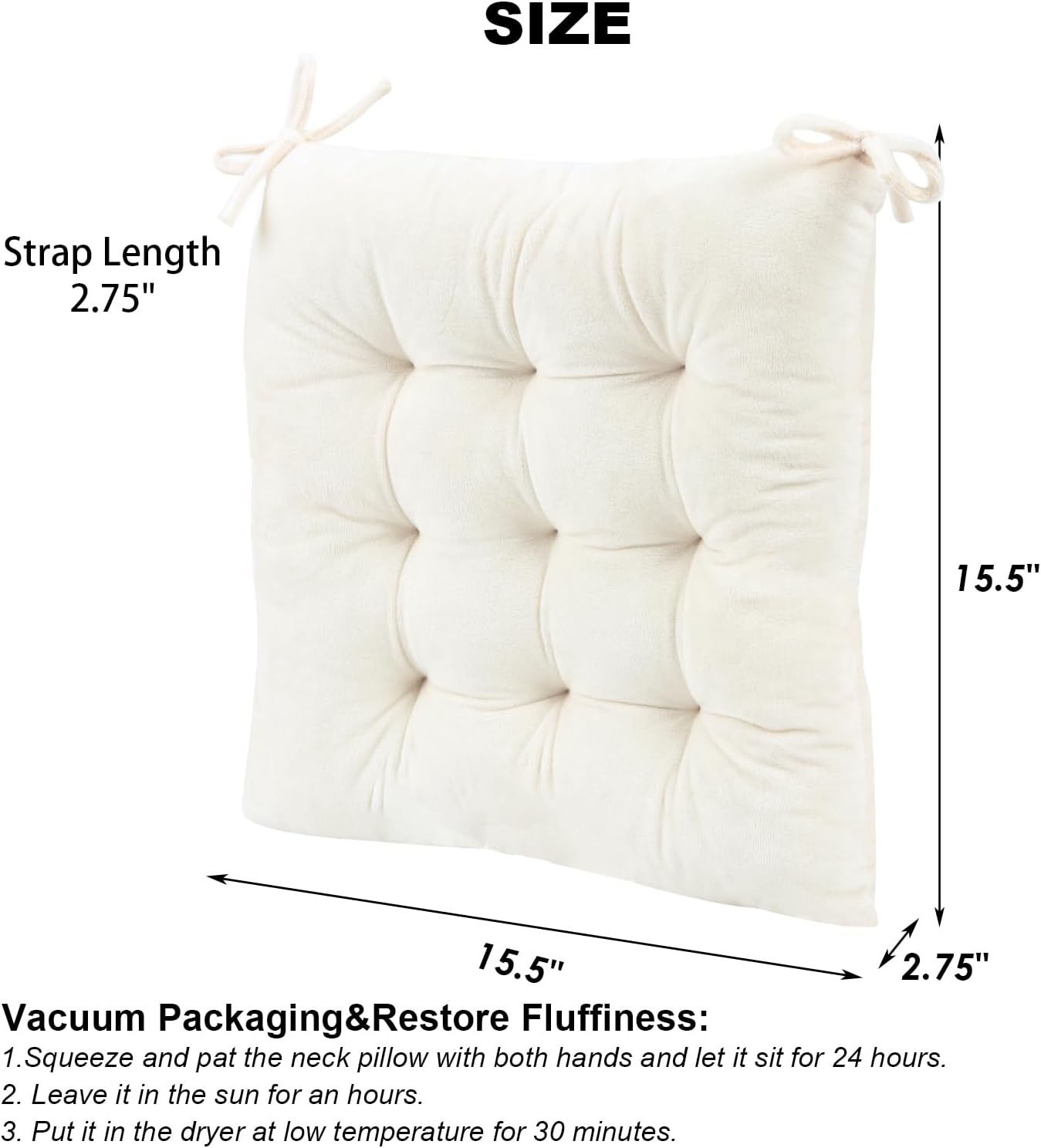 2 Pack Square Seat Cushion Chair Pads for Kitchen Dining Chairs, Soft Comfort Velvet Chair Mat Pillow Cushions with Ties for Office Desk Living Room Tatami 15.5", Ivory