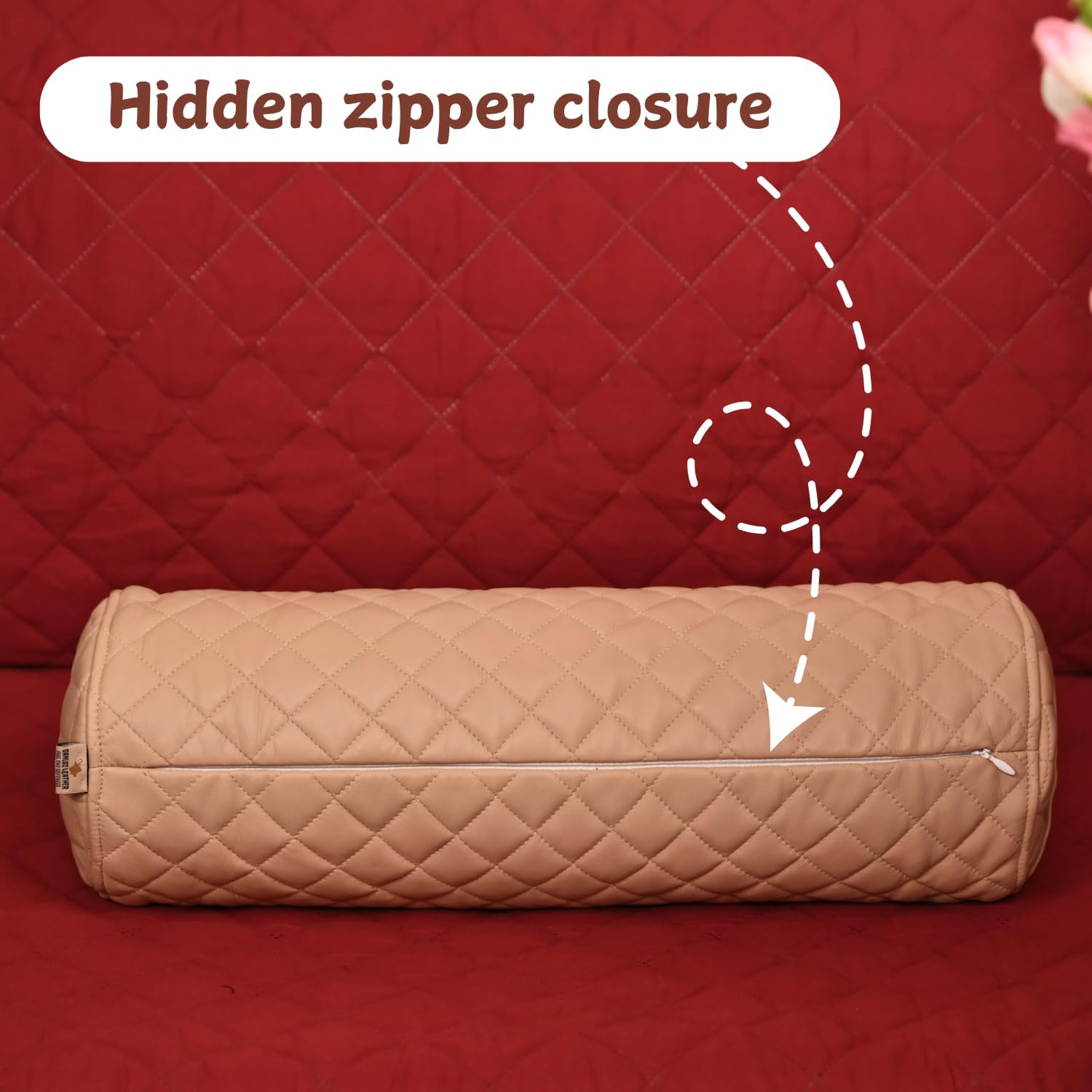 Neck Roll Pillow Cushion Cover, 20x5 Inch Full Moon Round Bolster Pillow Case, Cylinder Soft Lambskin Leather Pillowcase for Head, Spine & Neck Support During Sleep - Quilted Beige Pack of 1