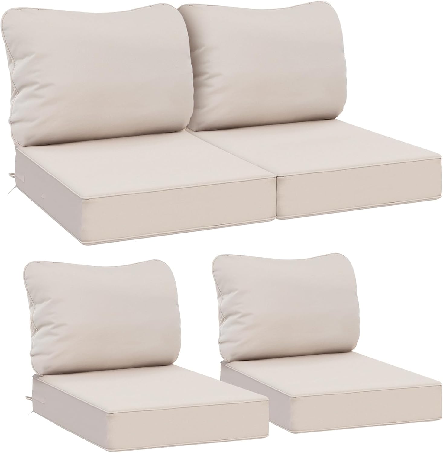 AAAAAcessories Outdoor Deep Seat Cushions, Waterproof, Fade-Resistant Patio Furniture Replacement Cushions, 23.5" x 25.5" x 5" + 23.5" x 19", Set of 4, Khaki Beige