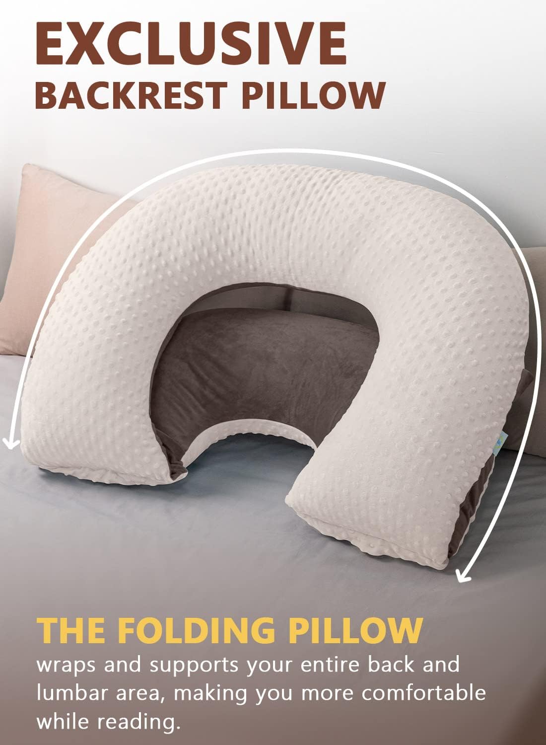 INSEN Reading Pillow, Back Pillow for Sitting in Bed and Couch, Gaming Pillow for Adults, Sit Up Support for Bed, Brown Bubble Velvet