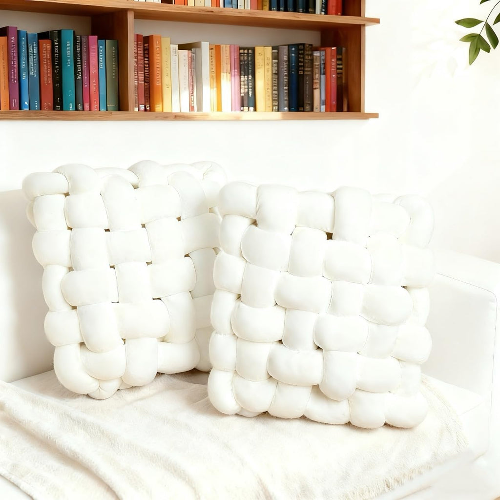 2Pcs Square Knot Throw Pillows, Suitable For Bedroom Decoration, Sofa Decorative Pillows, Home Decoration, Home Decor Living Room 12 inches * 13 inches (White)