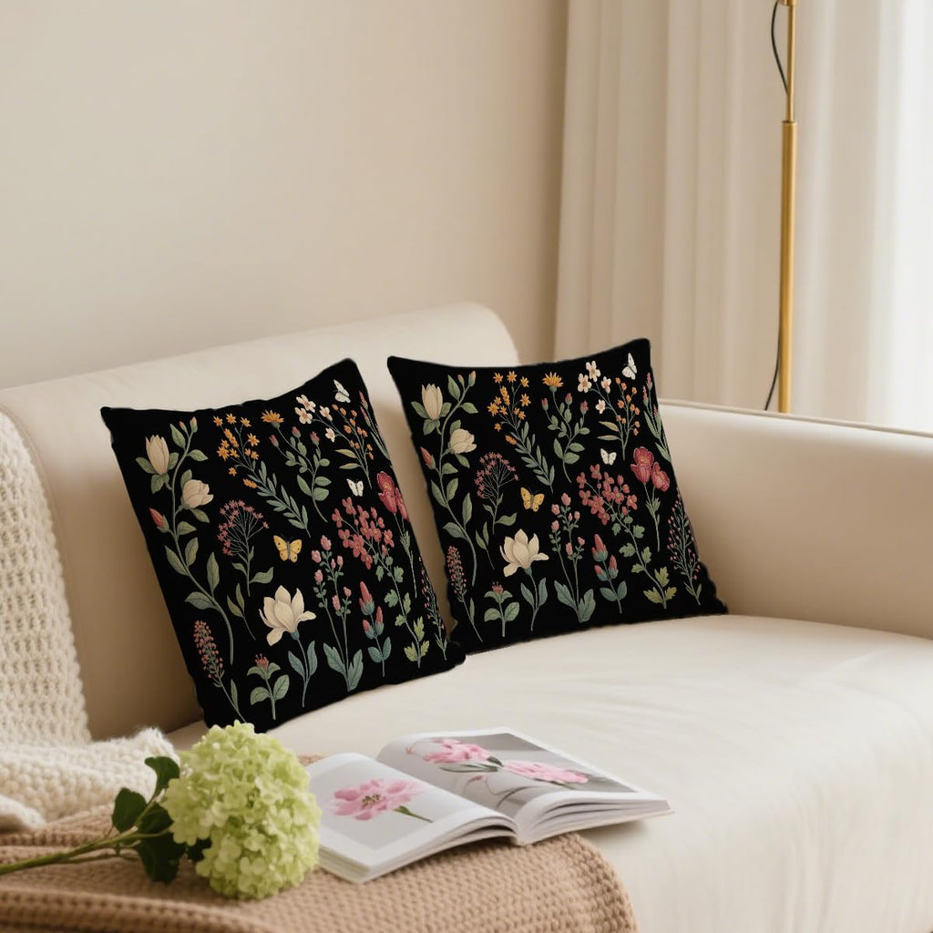 2 Pcs Spring Floral Pillow Covers, Black Botanical Wildflower Herbs Throw Pillow Covers, Summer Flower Plant Decorative Pillowcase Farmhouse Linen Square Cushion Case for Women Friend Sister