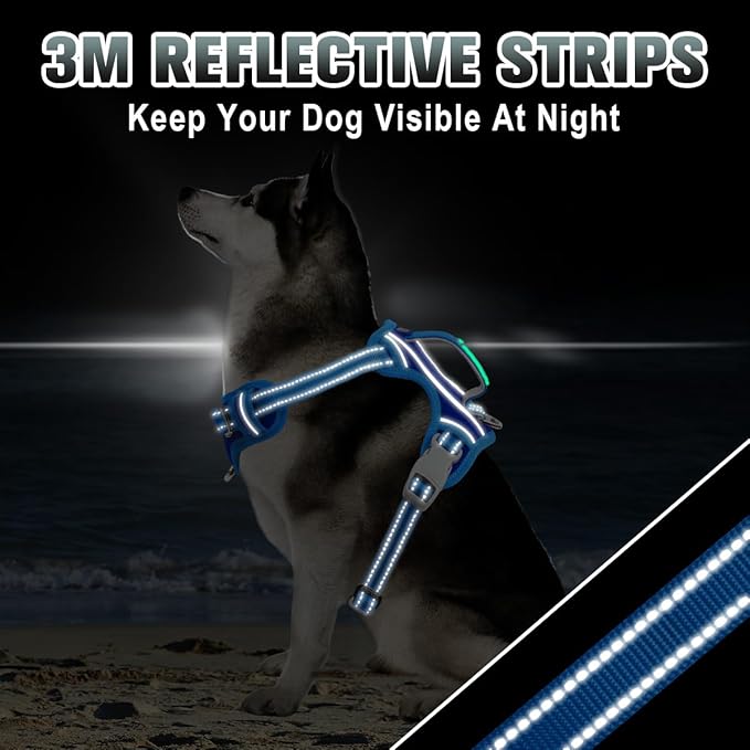 BARKBAY No Pull Dog Harness Large Reflective Dog Harness with Front Clip and Easy Control Handle for Walking Training Running with ID tag Pocket(Sapphire Blue & Blue,M)