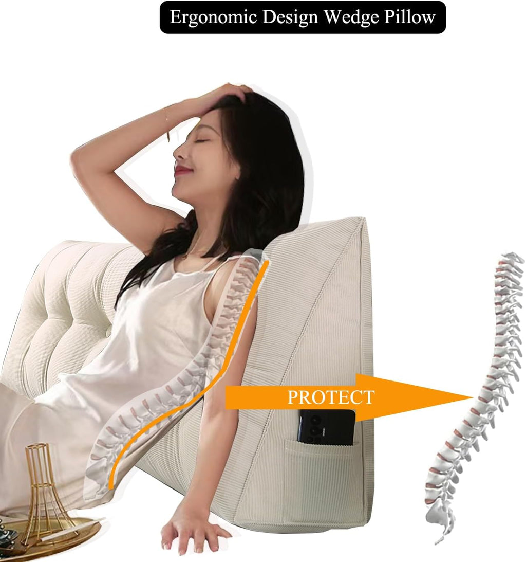 SAMTY Husband headboard Pillow Large Back Rest Support Reading Pillows for Sitting in Bed for Adults Triangle Velvet Wedge Pillow headboard Full Size, Beige