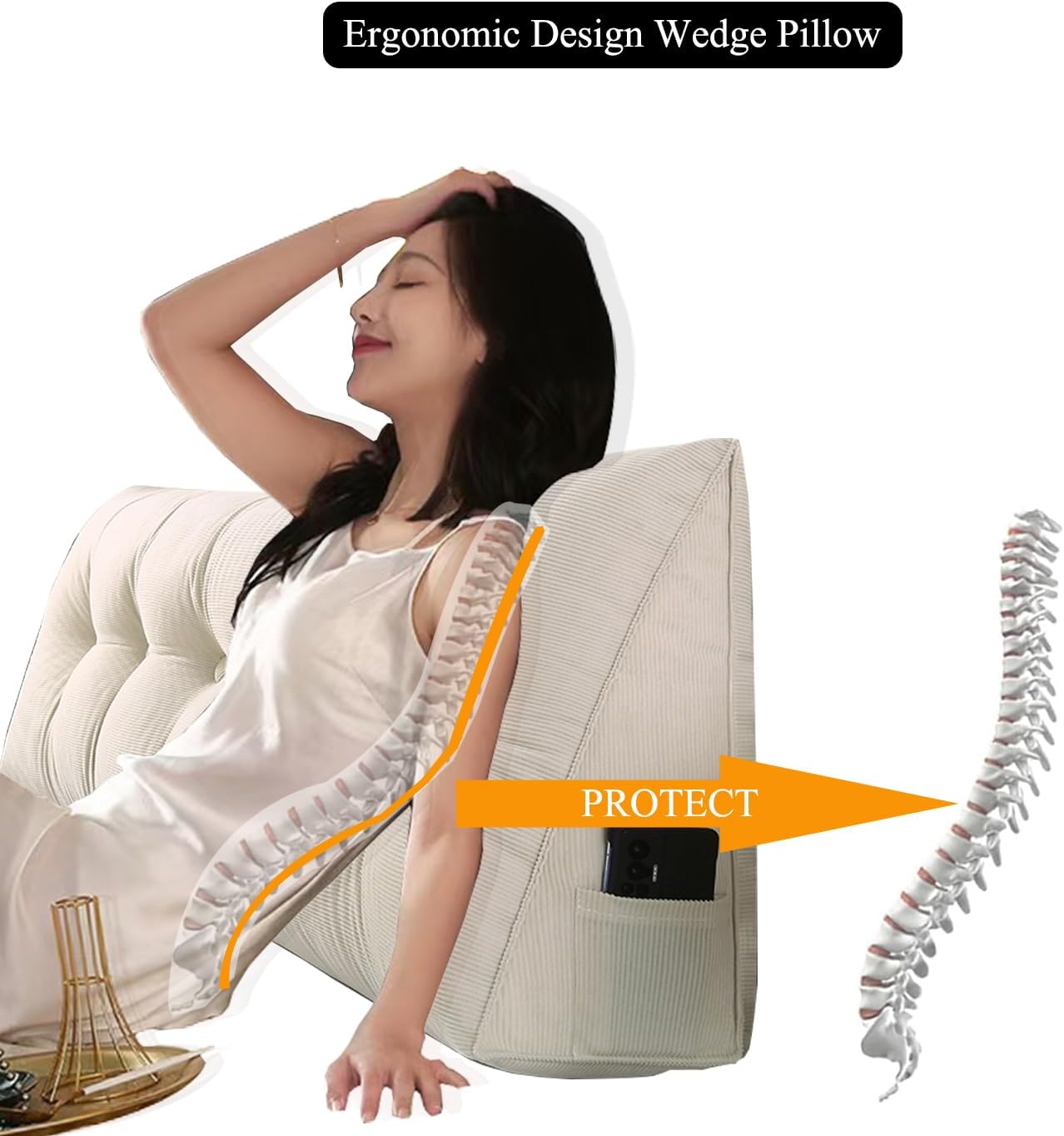 SAMTY Husband headboard Pillow Large Back Rest Support Reading Pillows for Sitting in Bed for Adults Triangle Velvet Wedge Pillow headboard Full Size, Beige