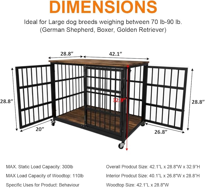 48/42/38 Dog Crate Furniture, Heavy Duty Dog Kennel Indoor for Large Dogs, Escape-Proof and Chew-Proof Wooden Dog Cage for high Anxiety Dog, Decorate House as TV Stand, End Table