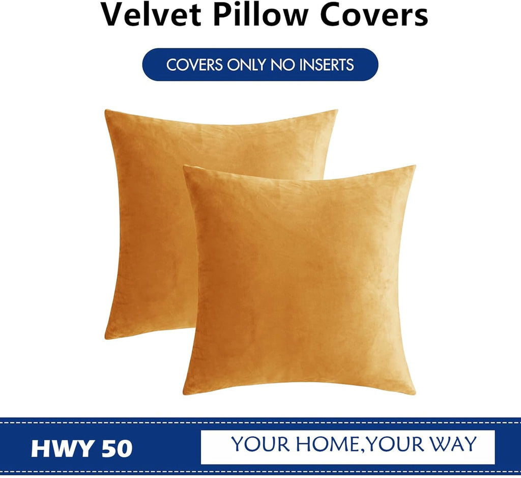 HWY 50 Orange Velvet Throw Pillow Covers 22x22 Inch, Pack of 2 Soft Cozy Solid Decorative Fall Luxury Cushion Cases for Couch Sofa Bed Living Room Bedroom