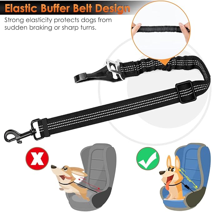 SlowTon Dog Seat Belt, Adjustable Dog Safety Belt Leash, 2 in 1 Latch Bar Attachment Dog Car Seatbelt with Elastic Nylon Bungee Buffer, Reflective Nylon Belt Tether Connect to Dog Harness (Black)