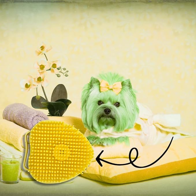 Dog & Cat Bath Brush with Built-In Shampoo Dispenser - 2-in-1 Silicone Pet Grooming Massage Brush for Anxiety Relief & Deep Cleaning - Luxury Spa Treatment (Yellow)