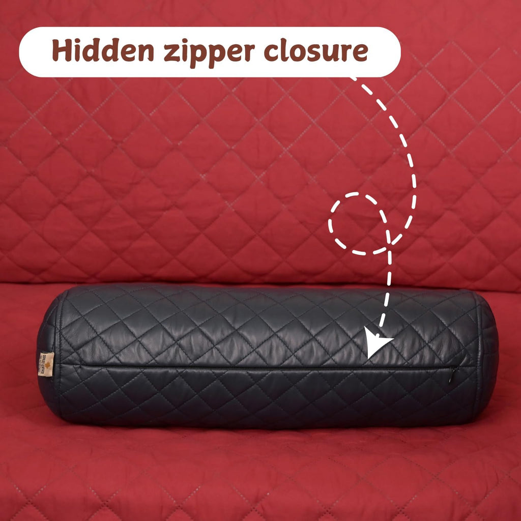 Neck Roll Pillow Cushion Cover, 22x5 Inch Full Moon Round Bolster Pillow Case, Cylinder Soft Lambskin Leather Pillowcase for Head, Spine & Neck Support During Sleep - Quilted Gun Metal Blue Pack of 1