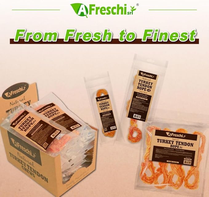 AFreschi Turkey Tendons for Dogs, USA-Sourced, Healthy Dog Treats, Rawhide-Free Puppy Chews, Long Lasting, All Natural, Hypoallergenic Dog Treats for Large Breeds, 10 Count Box Rope (L)