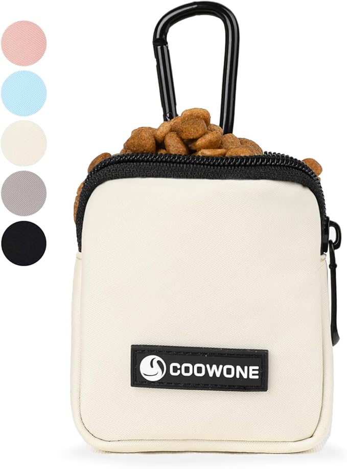 Waterproof Dog Treat Pouch, Dog Training Treat Pouch Built in Poop Bag Dispenser Adjustable Shoulder Bag (BLK) (Beige Small Pouch)