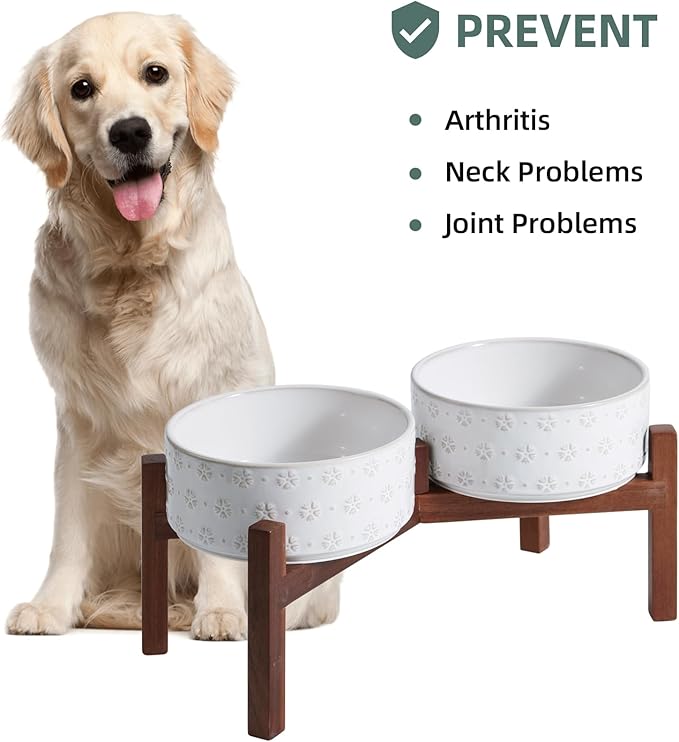 7.3inch Ceramic Raised Double Bowls Set with Acacia Wood Stand, Food & Water Bowls for Medium Breed Dogs, Weighted Dog Dishes, Pet Bowl(41OZ, Arctic White)