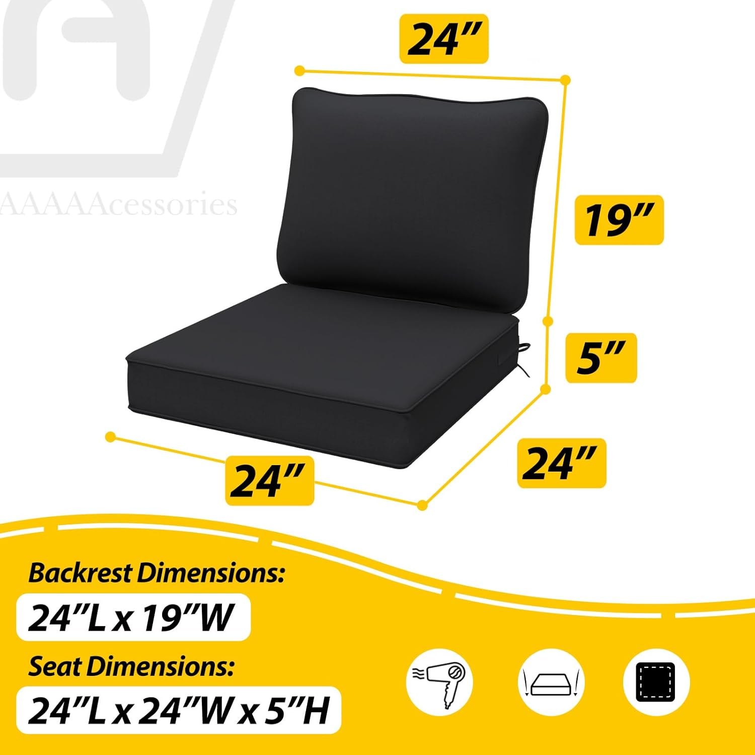 AAAAAcessories Outdoor Deep Seat Cushions, Waterproof, Fade-Resistant Patio Furniture Replacement Cushions, 24" x 24" x 5", Black