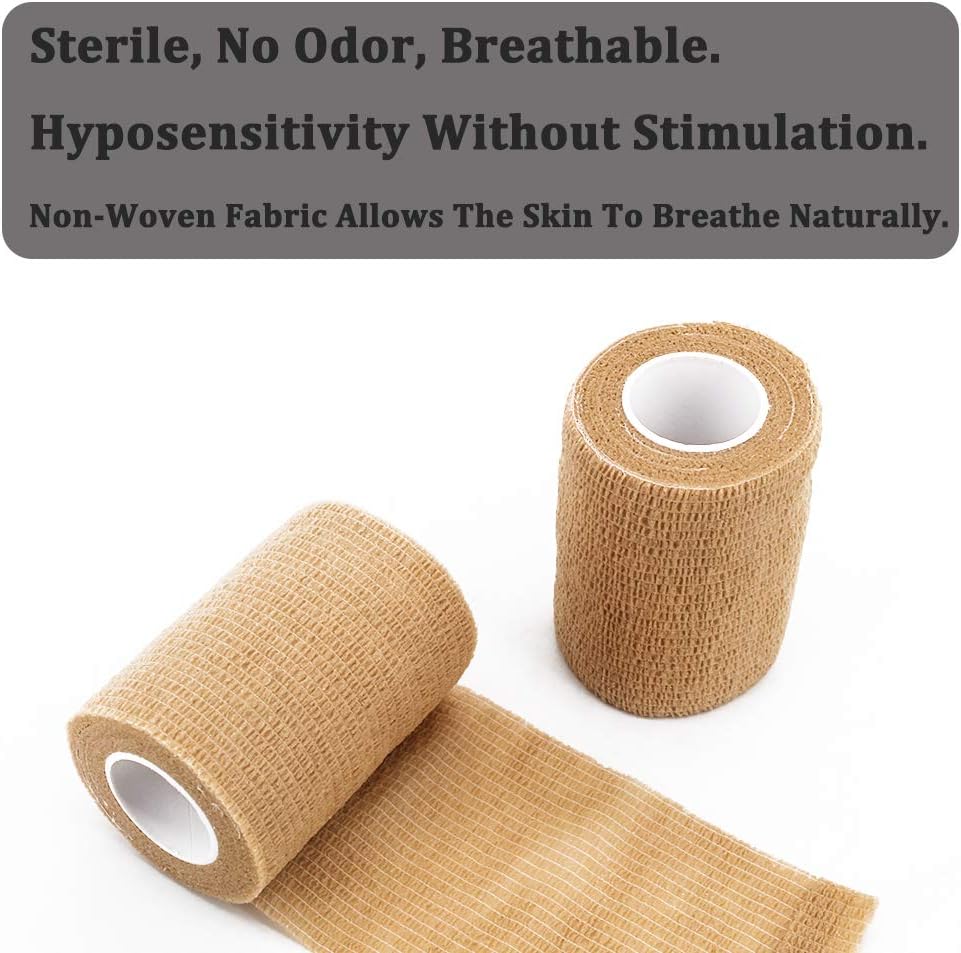12 Rolls Elastic Self Adhesive Bandage Wrap 3 Inch, Breathable Non Woven Cohesive Bandage, Vet Wrap for Dogs, Ankle Sprains Swelling Medical First Aid Tape, Sports Athletic Tape Tan