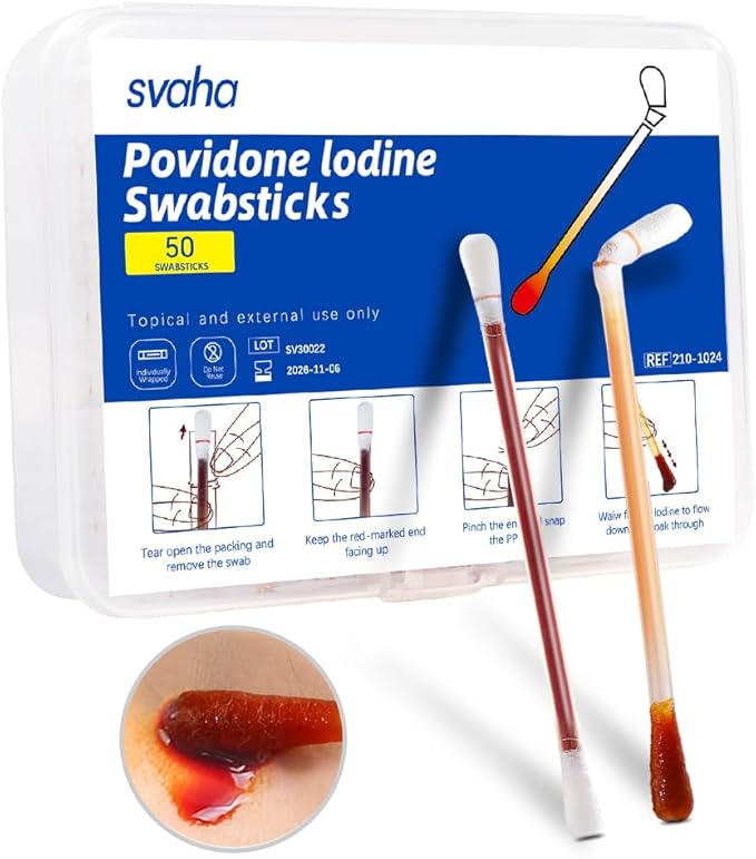 Svaha 50 Sticks Iodophor Swabs with Povidone Iodine - Solution Outdoor First Aid Swabsticks for Skin Cleansing and Preparation