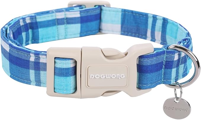 DOGWONG Cotton Dog Collar, Blue Plaid Heavy-Duty Dog Collar Durable Soft Boy Dog Collar Cute Wedding Puppy Necklace for Small Medium Large Dog