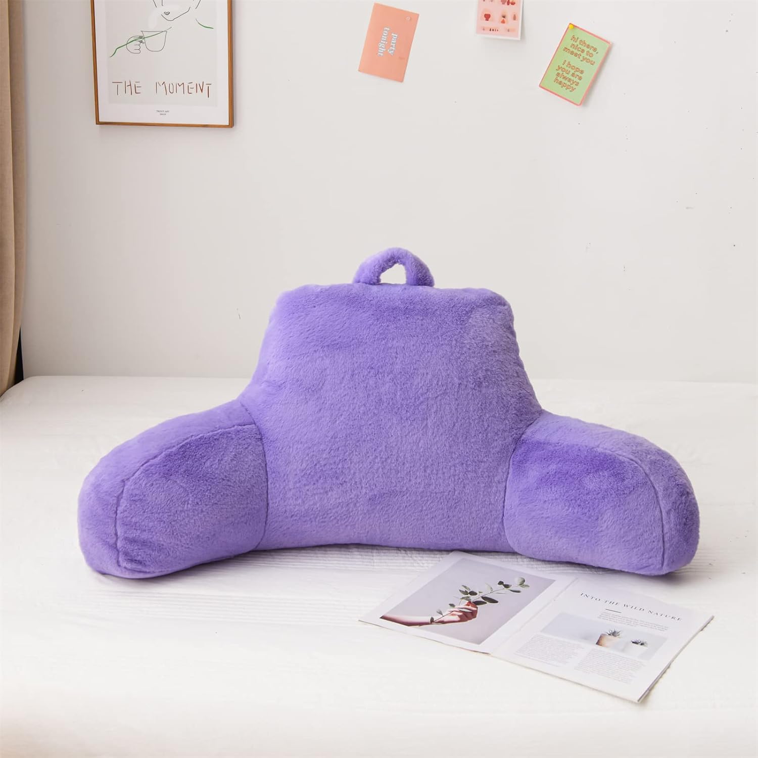 A Nice Night Faux Fur Reading Pillow Bed Wedge Large Adult Children Backrest with Arms Back Support for Sitting Up in Bed/Couch for Bedrest,Lightpurple