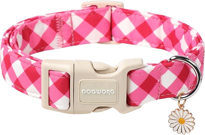 DOGWONG Pink Plaid Dog Collar, Pink Dog Collar Adjustable Soft Natural Fabric Girl Pet Dog Collars Cute Puppy Necklace for Small Medium Large Dogs