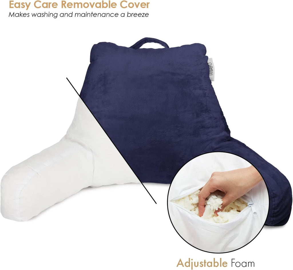 Nestl Reading Pillow with Shredded Memory Foam, Designed for Sitting Up in Bed and Couch, Back and Arms Adjustable Support for Adult & Teens Backrest Pillows for Reading, with Washable Cover Navy Blue