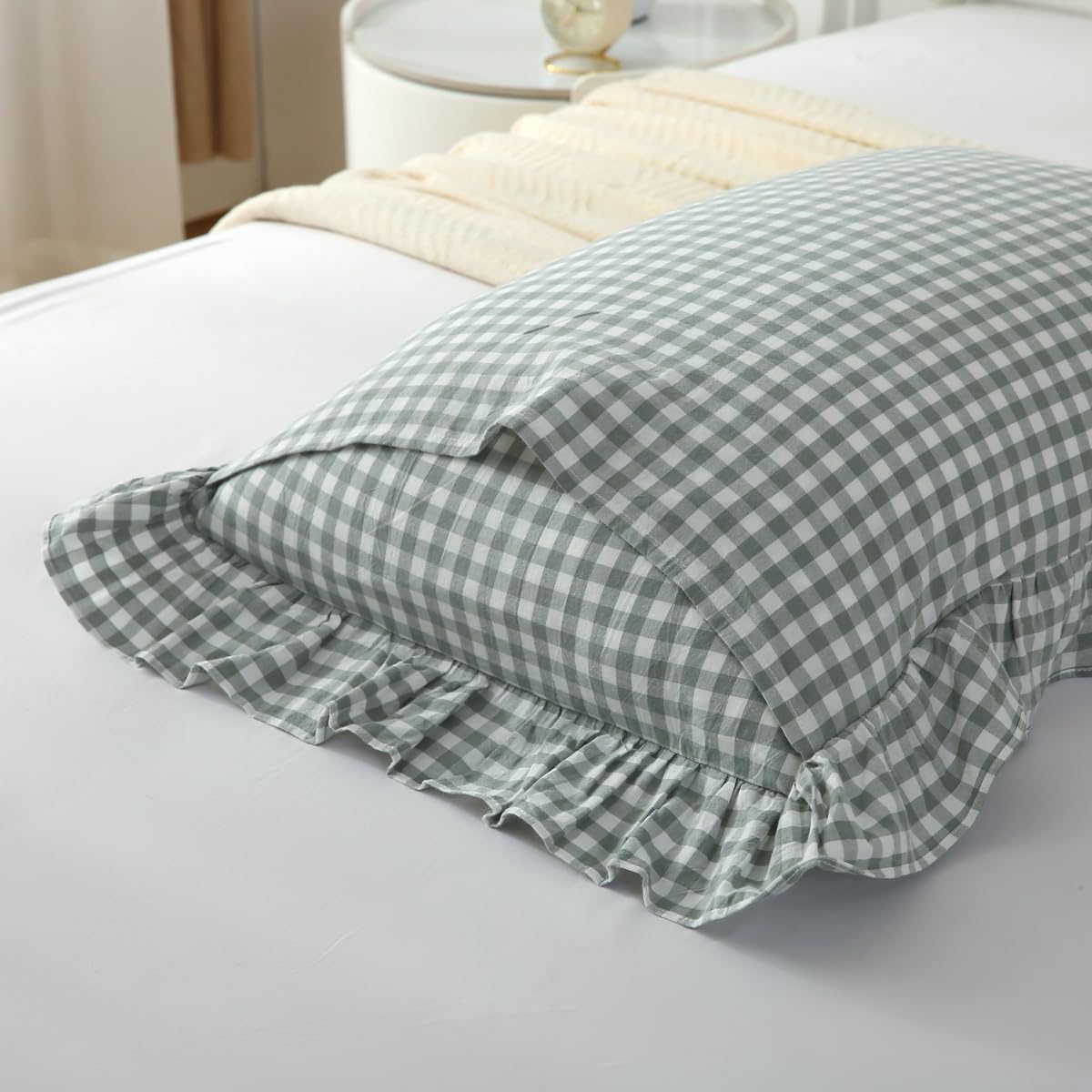 2 Pack Vintage Green Plaid Ruffle Euro Shams,Washed Cotton Checkered Gingham Pillow Covers 26"x26" for Sofa,Couch,Bed and Living Room