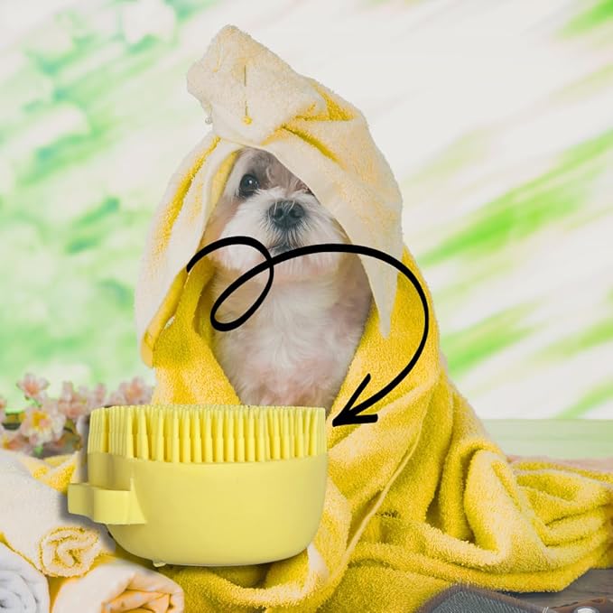 Dog & Cat Bath Brush with Built-In Shampoo Dispenser - 2-in-1 Silicone Pet Grooming Massage Brush for Anxiety Relief & Deep Cleaning - Luxury Spa Treatment (Yellow)