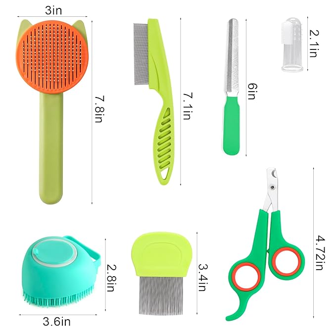 VCZONE 8 Pcs Cat Brush Grooming Kits, Pet Self Cleaning Kit with Pet Nail Clipper and File, Flea Comb, Pet Shampoo Bath Brush, Pet Shedding Brush, Silicone Toothbrush (Green)