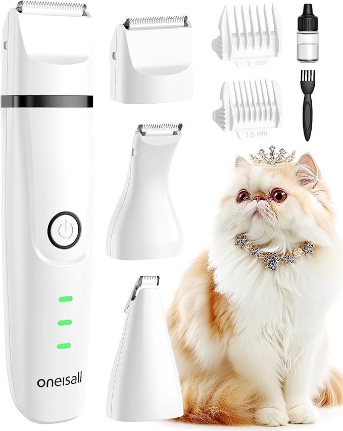 oneisall Cat Grooming Kit, 3 in 1 Quiet Cat Clippers for Thick Matted Paw Hair Trimmer, Heavy Coat Butt Shaver Cordless Pet Clippers Fur Trimmer for Dogs and Other Small Animals at Home Travel