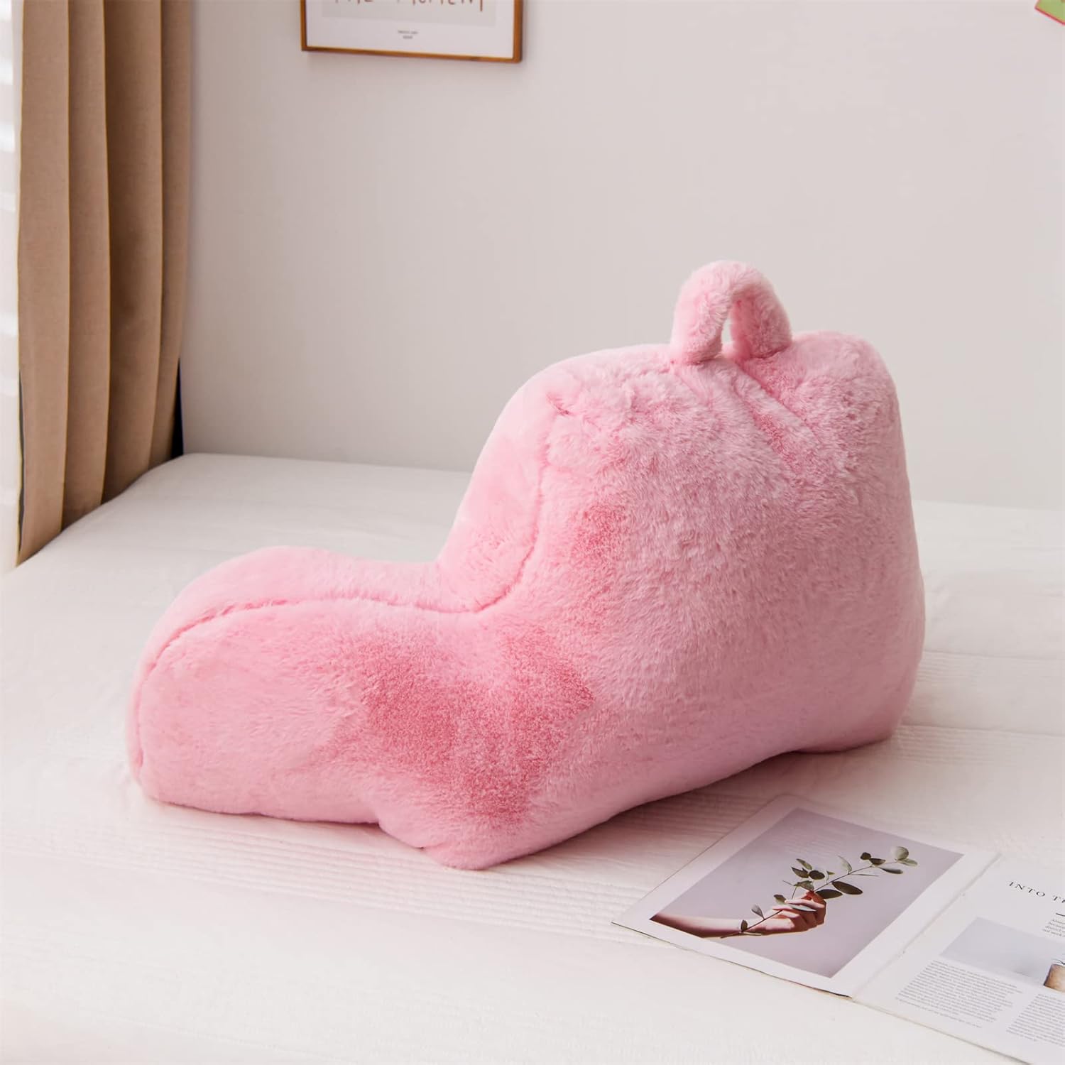 A Nice Night Faux Fur Reading Pillow Bed Wedge Large Adult Children Backrest with Arms Back Support for Sitting Up in Bed/Couch for Bedrest,BabyPink