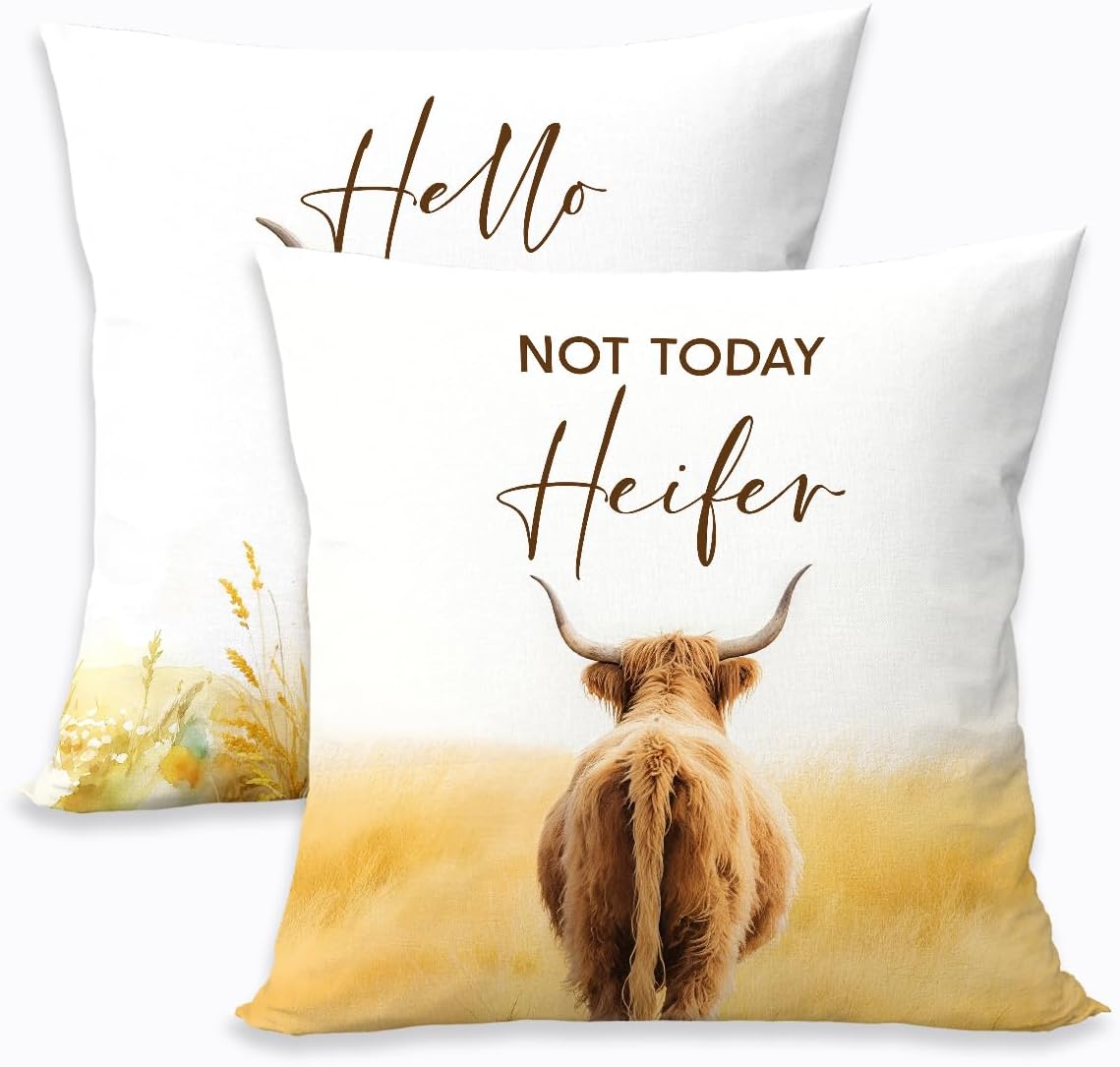 2 Pcs Highland Western Cow Decor Throw Pillow Cases, Farm Square Decorative Pillow Cover, Linen Decorations Cushion Case for Sofa Couch for Couch Sofa Bed Bedroom Living Room Office Home Decor