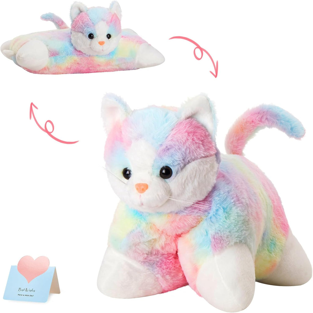 Glow Guards 16" Rainbow Cat Plush Pillow,Cute Kitty Stuffed Animal Soft Lovely Colorful Toy,Bedtime Sofa Decors,Christmas Birthday Children's Day Hoilday Gift for Toddler Kids
