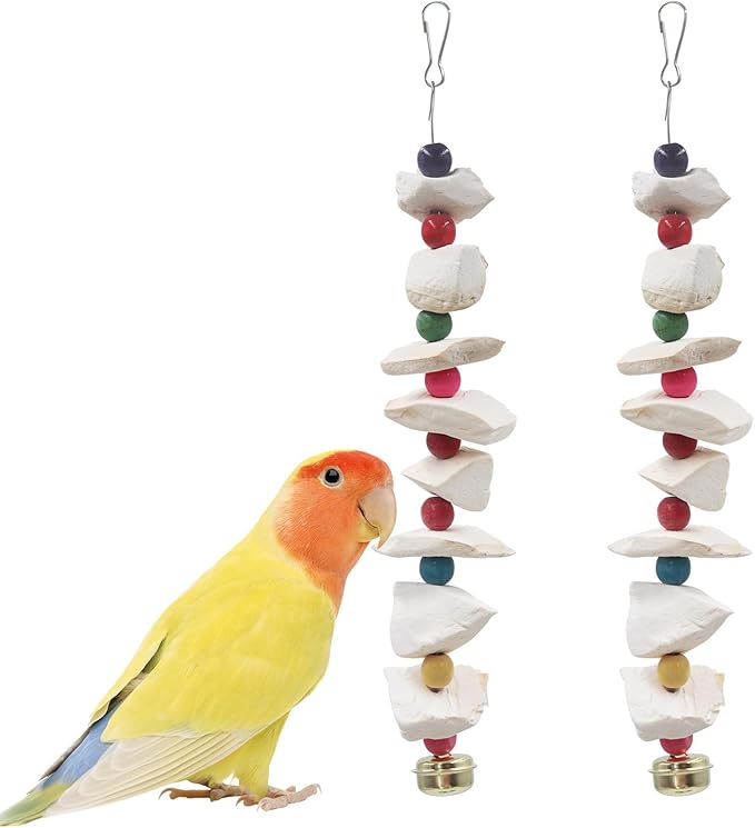2 Pack Bird Toys with Cuttlebone, Parakeet Toys, Bird Beak Grinding Stone, Cage Accessories for Parakeets, Cuttlefish Bone for Budgies, Cockatiels, Lovebirds, Green Cheeks, Small to Medium Birds