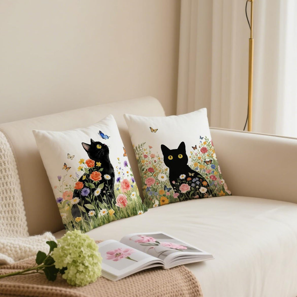 2 Pcs Floral Black Cat Pillow Cover, Vintage Black Cats Flowers Throw Pillow Covers Spring Summer Boho Cushion Cover, Suitable for Couch Sofa Bedroom Apartment Dorm Living Room Office Home Decor