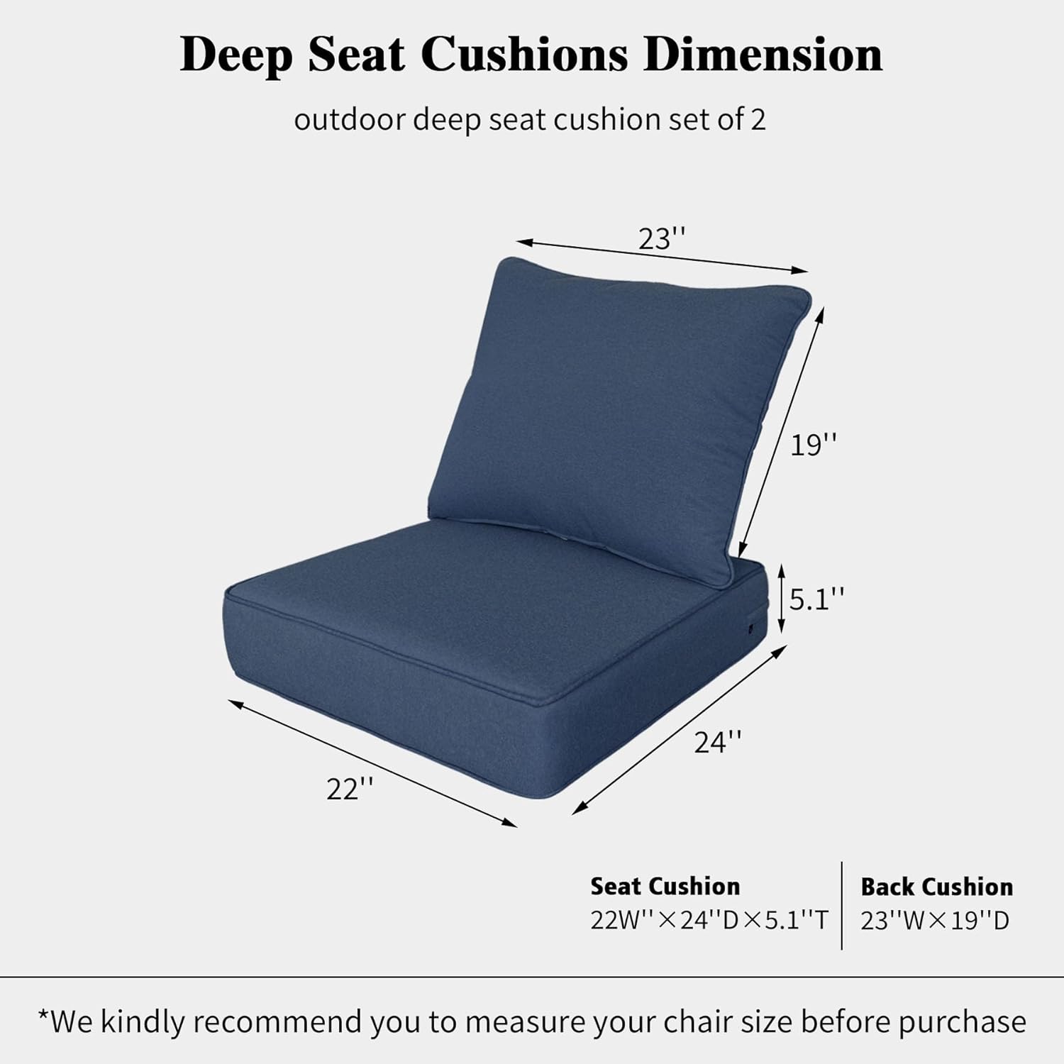 Outdoor 22x24 Inch Deep Seat Patio Cushion Set Outdoor Chair Cushions with Fade Resistant and Removable Cover for with Most Patio Furniture and homedepot Furniture Navy 2Sets