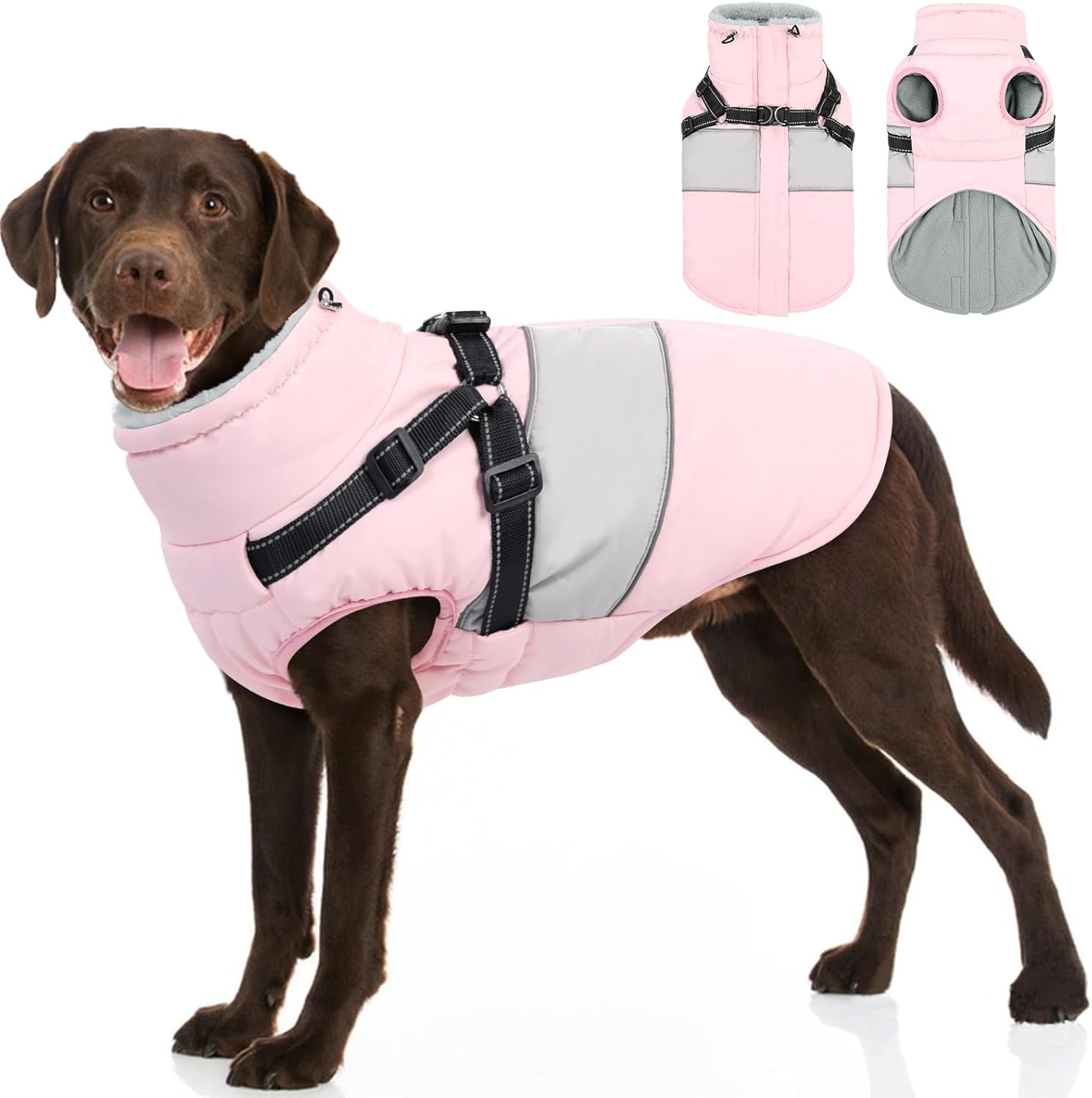SUNFURA Dog Coat, XXXL Dog Jacket Winter with Harness Built in, Waterproof Pet Snow Jacket with Furry Collar for Chilly Day, Reflective Fleece Snowsuit for Extra Large Dogs, Pink 3XL