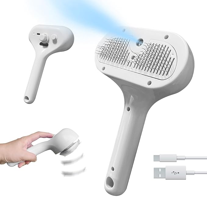 Cat Steam Brush for Shedding, Self Cleaning Cat Brush with Water Spray, 3-in-1 Design for Massage, Hair Removal, and Cleaning, Steamy Brushes for Indoor Cats and Dogs (White)