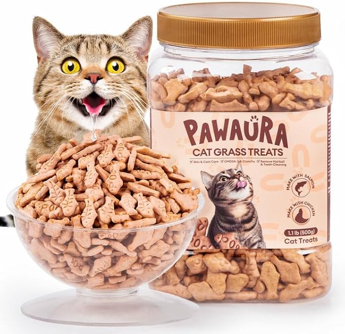 17.63oz Cat Grass Treats for Hairball Control – Natural Salmon & Cat Grass & Catnip Biscuits, Low-Calorie Healthy Snacks for Indoor Cats, Digestive & Dental Care