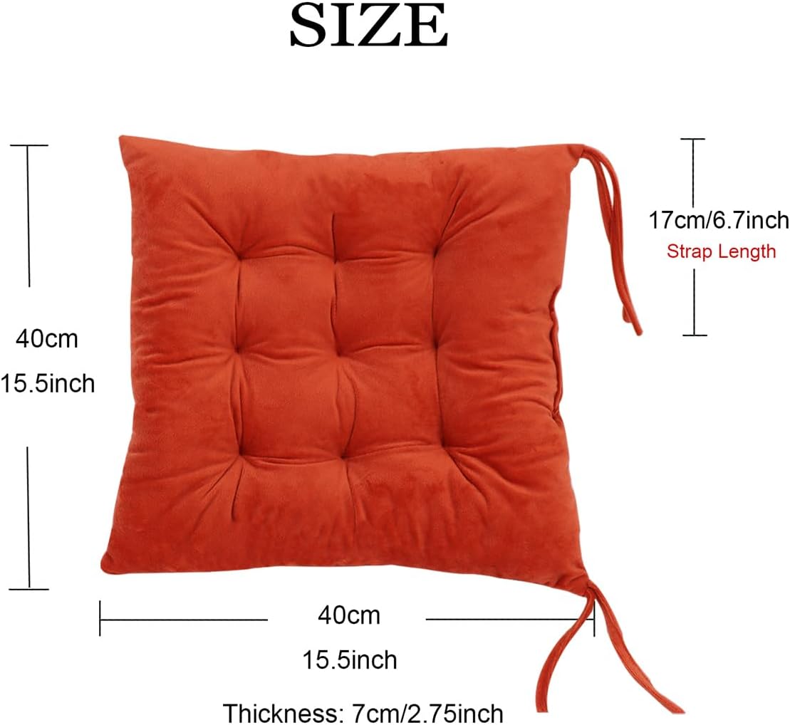 2 Pack Square Seat Cushion Chair Pads for Kitchen Dining Chairs, Soft Comfort Velvet Chair Mat Pillow Cushions with Ties for Office Desk Living Room Tatami 15.5", Orange