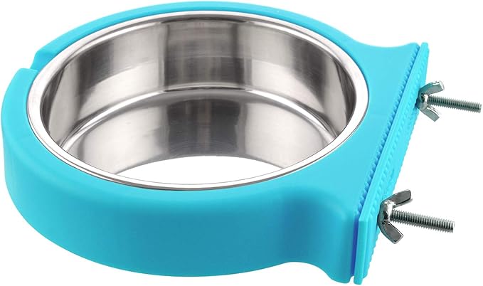 Crate Dog Bowl Removable Stainless Steel Water Food Feeder Bowls Cage Coop Cup for Cat Puppy Bird Pets (Large, Blue with Corrugated Clip)