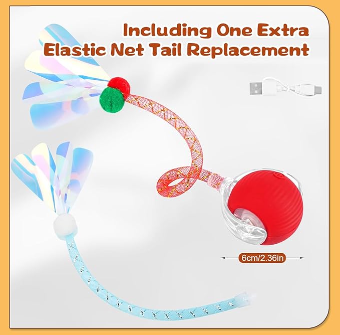 Interactive Cat Toys for Indoor Cats, Speedy Moving Ball Cat Toys with Colorful Tail, Smart Interactive Cat Rolling Ball (Red)