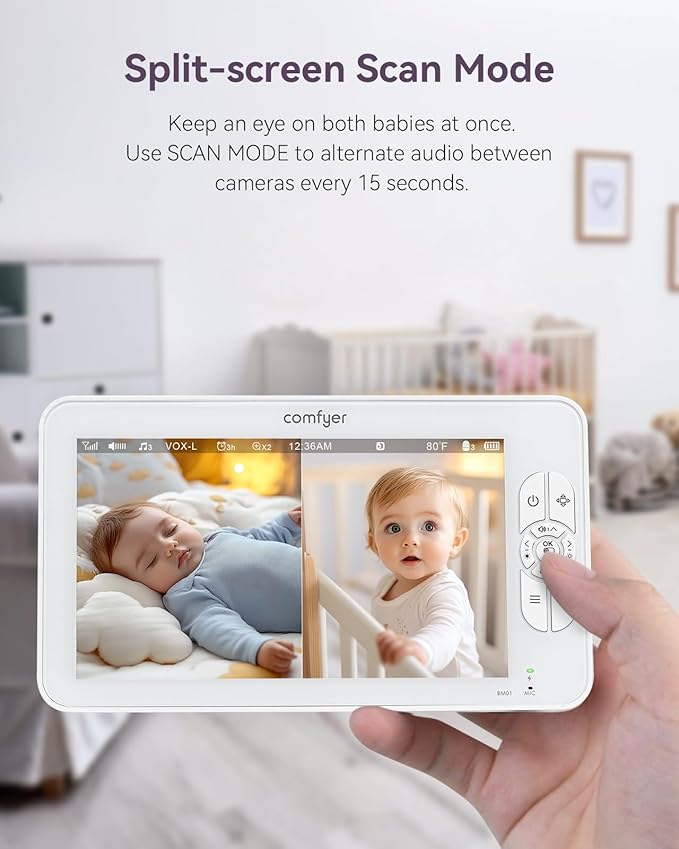 7" Split-Screen Baby Monitor with 2 1080P Cameras, 720P HD No WiFi Monitor with a Flexible Bracket, 120 Hrs 6000mAh Battery Runs 5 Days in VOX Mode, 2 Way Audio, Remote PTZ, Auto Night Vision