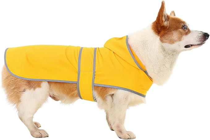 Dog Raincoat for Medium Dogs Waterproof Hooded Rain Jacket with Reflective Strips Leash Hole & Poncho Adjustable Fit (Yellow,L)