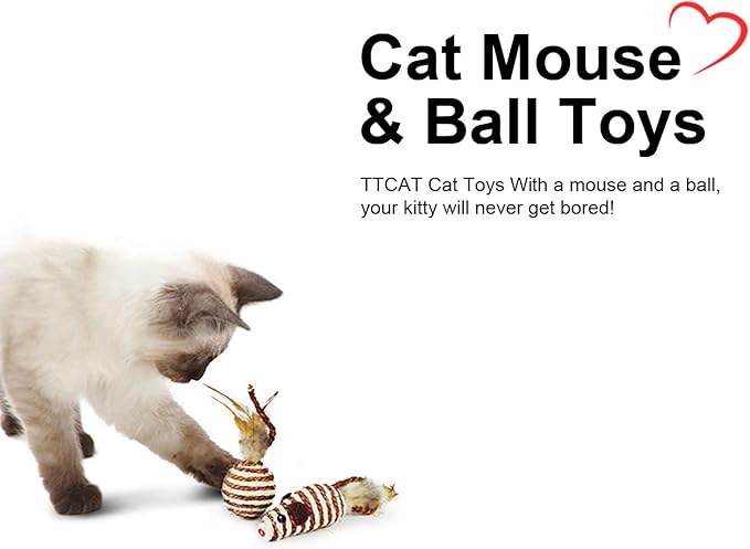 TTcat Cat Toys Set with Sisal Rope & Feathers Ball and Mouse - 2 Pack, Interactive Toys for Indoor Cats,Kittens