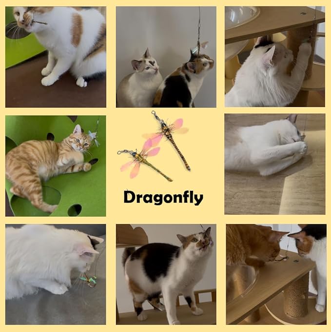 Cat Insect Feather Toys Replacement - 2 Pcs Handmade Natural Dragonfly - Cat Toy Wand Refills - Interactive Kitten Teaser Wand Attachments - Cat Toys for Indoor Cats Play