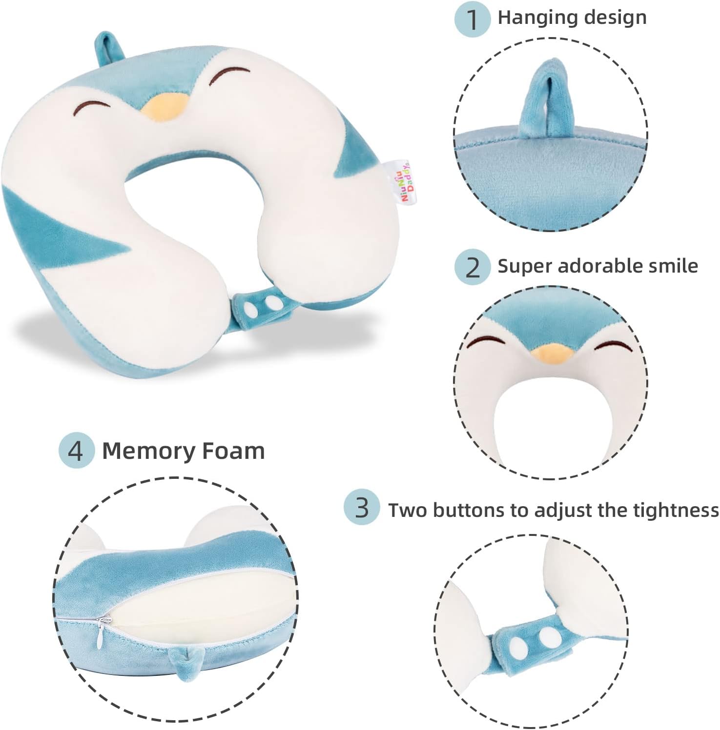 Niuniu Daddy Penguin Kids Travel Pillow - Soft Memory Foam Portable Neck Pillow for Long Trip by Airplane, Car, Train Essentials Travel Sleeping for Toddlers Boys and Girls (3-8 Years)