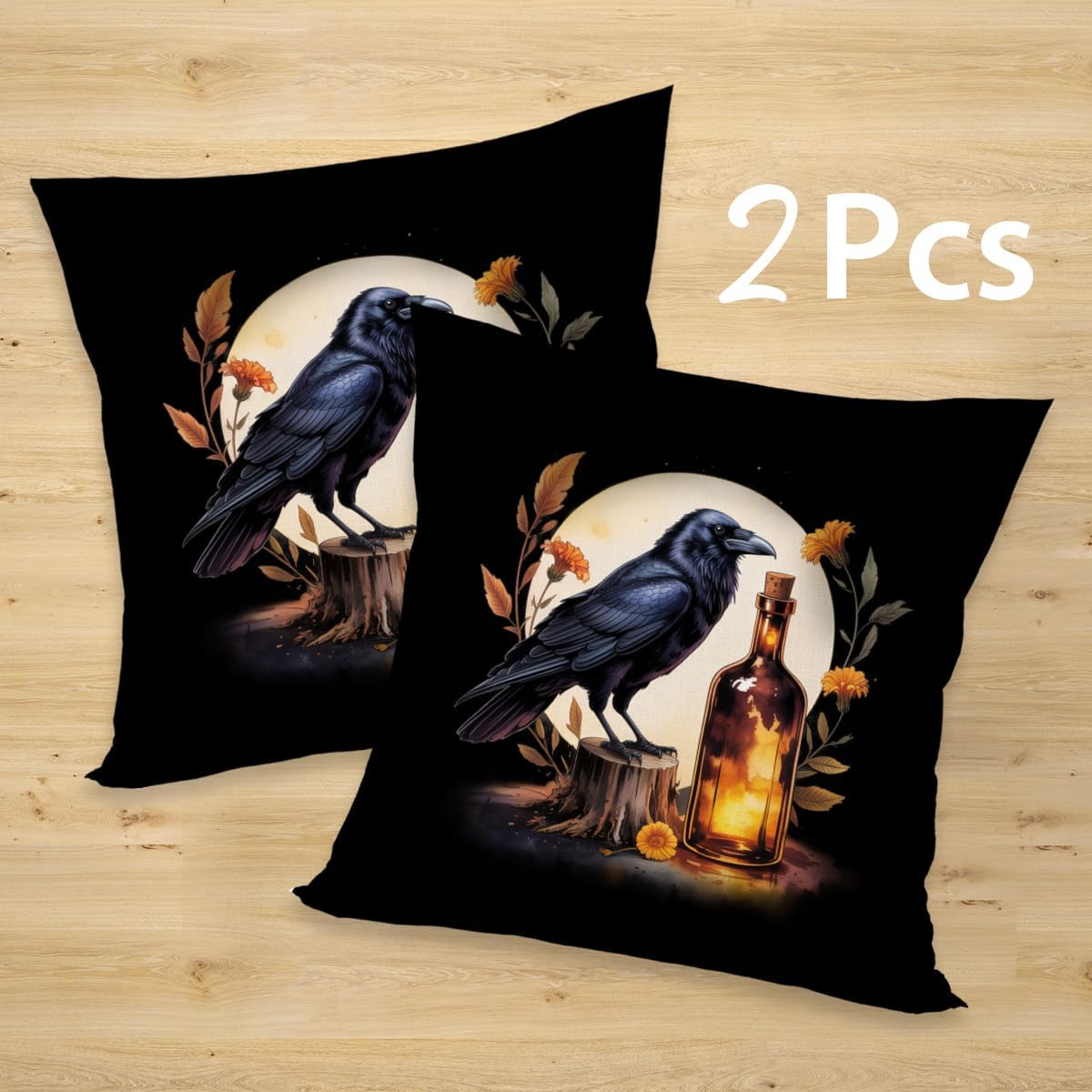 2 Pcs Black Crow Gothic Throw Pillow Cover, Vintage Raven Black Flower Cotton Decorative Cushion Cover, Gifts for Women Friend Sister Coworker Birthday Christmas Mothers Day Friendship