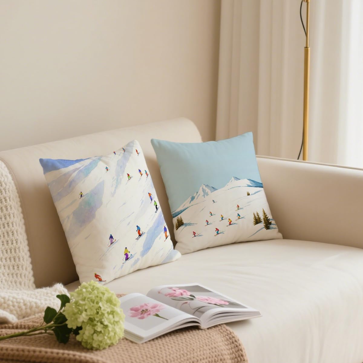 2 Pcs Mountain Ski Lift Throw Pillow Cushion Covers, White Winter Time Snow Landscape Resort Decorative Square Accent Pillow Case, Gifts for Women Friend Sister Coworker Birthday Christmas