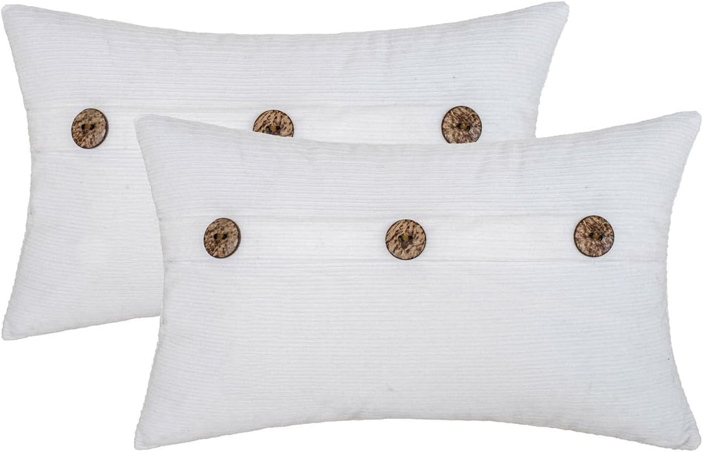 HWY 50 White Chenille Throw Pillow Covers 12x20 Inch with Triple Buttons, Soft Farmhouse Accent Decorative Cushion Cases for Couch Sofa Bed Living Room Pack of 2 Rectangle