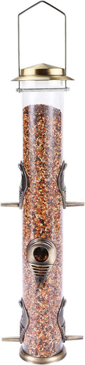 MIXXIDEA Metal Wild Bird Feeder, Squirrel Proof for Outside, Hanging 6 Port Tube Transparent Finch Feeder for Attracting Birds in Lawn, Garden, Balcony - Bronze